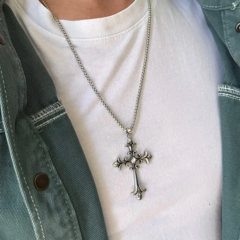 Silver Gothic Cross Pendant Necklace Unisex Stainless Steel Jewelry New